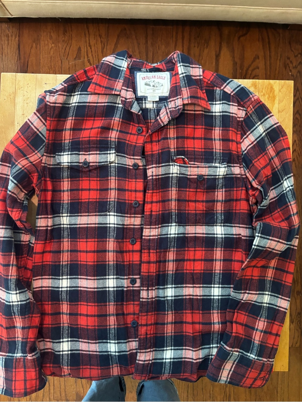 American Eagle Men’s Red Navy Plaid Flannel Shirt XS